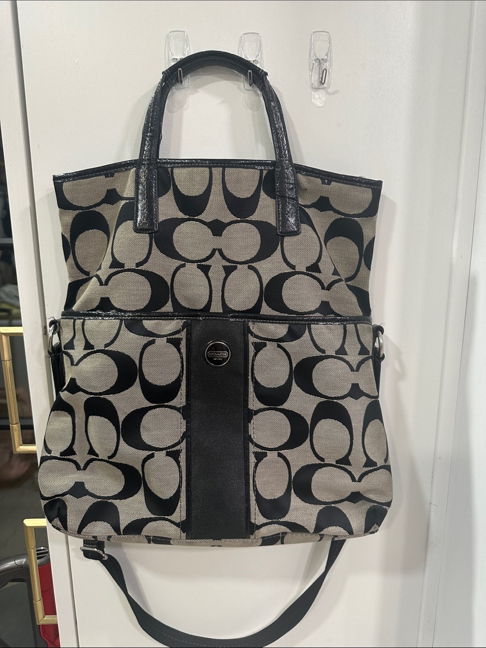 Coach Black and Beige Signature Tote with Leather Trim